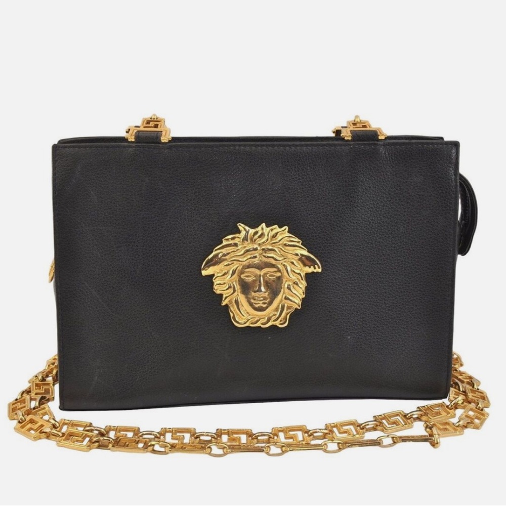 EUC Authentic Gianni Versace Medusa Leather Chain Shoulder Hand Bag Black 2257L